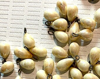 9 Vintage Pearlized Cream Glass Teardrop, Drop Charms, Jewelry Components, handmade, Lampwork