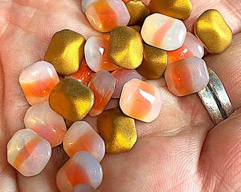 10 Vintage Sabrina Red Givre Opal Octagon Glass Domed Pillow Rhinestones, Gold Foil Backs 10 x 8mm