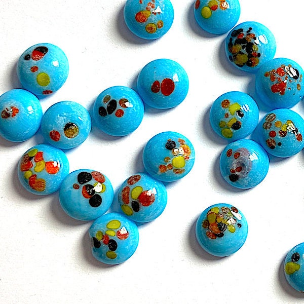 11 Vintage Petite Turquoise Millifiori Glass Cabochons, Japanese, Approx 9.6mm, C3-30