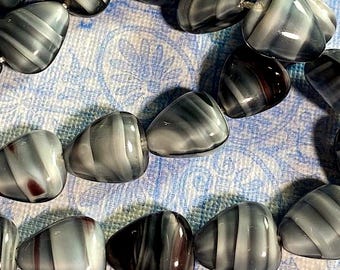 4 Vintage Silky Black, Grey and White Triangular Glass Beads, West Germany,  Approx. 14mm x 12mm