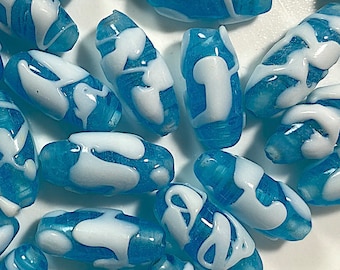 5 Vintage Transparent Aqua Blue Glass with Drizzled White Oval Beads, Japanese Handmade, Lampwork 20mm