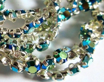 31 Vintage Emerald  AB Clear Rose  Montees with Silver Settings, Swarovski ss20, Aurora Borealis