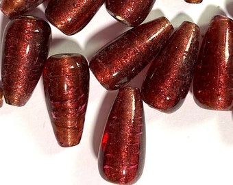 5 Transparent Cranberry over Sparkling Gold Aventurine Glass Drops Approx 22mm x 10mm