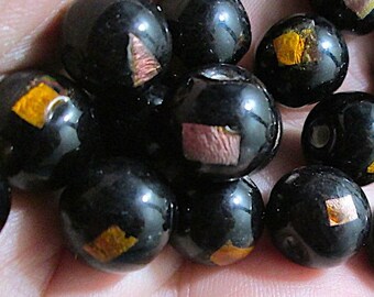 8 Vintage Handmade Black Beads with Glazed Silver Leaf in Gold and Amethyst Round Glass Bead, Lampwork, 11mm