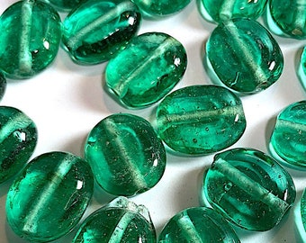 10 Vintage Transparent Teal Green Glass Lozenge Oval Beads, Approx. 15.5m,