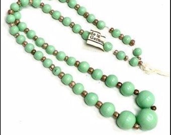 1 Vintage Minty Green Graduated Glass Beads with Brass Bead Caps and Decorated Spacer Beads, West German Retro, 12mm