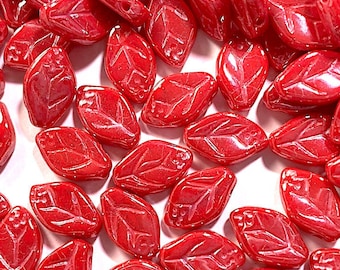 12 Luster Shocking Pink/Red Glass Leaf Beads, Etched Veining with Flower/Leaves Motif, Czech, 12 × 7 mm, Horizontal Hole