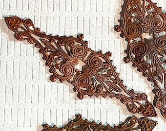 2 Vintage Copper Plated Filligree Findings, Scroll and Flueu de Lis design,  Approx. 68mm x 34.5mm