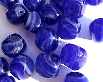 2 Large Vintage Translucent Cobalt Blue Swirled with White, Nugget Glass Beads, Handmade Lampwork Japanese,  Average 18mm