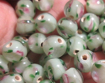 20 Handmade Petite Green Glass Round Beads with Pink Flowers, Roses Front and Back, Czech Lampwork