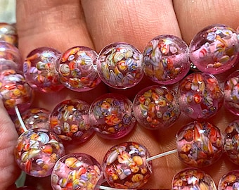5 Vintage Transparent Pink Glass Beads with Petite Millefiori, Lampwork, Handmade Japanese, Appr 10mm