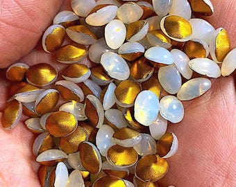 10 Vintage White Opal Glass Oval Rhinestones, 8mm x 6mm, Dome Top, Gold Foiled Point Back