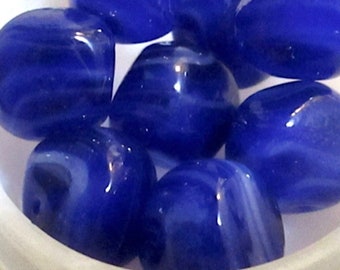 6 Large Vintage Translucent Cobalt Blue Swirled with White, Nugget Glass Beads, Handmade  Japanese,  Average 18mm, lampwork, D8-12