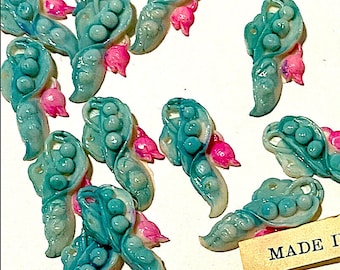6 Vintage Sweet Peas, Early Plastic, Celluloid, Fruit Hand  ainted Cabochons, Japanese, 23.6mm x 12.25, C8-21