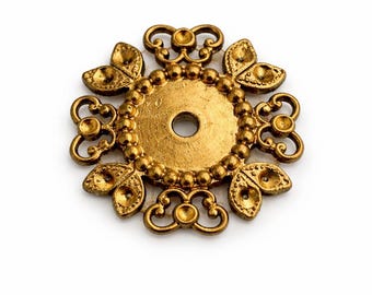 6 Vintage Raw Brass Floral Filigree Settings, Approx. 22.45mm Over-All with a 10mm Bezel for a Stone