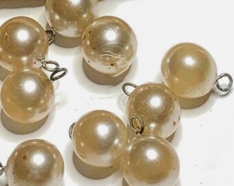 6 Rare Vintage Vanilla Cream Faux Pearl Glass Round Beads, Charms, Dangles, Miriam Haskell,  Made in Japan, 11mm to 12mm