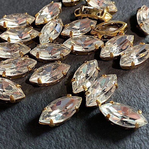 12 Vintage Clear Crystal Facetted Navettes in Brass Settings, 14 x 7mm, C10-16