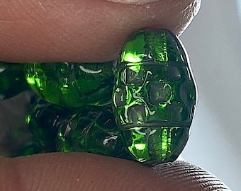 10 Vintage Fancy West German Pressed Glass Beads, Translucent Spring Green with Tarnished Silver 12 x8mm Oval Shabby Chic Beads