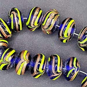 6 Vintage Translucent Cobalt Rondell Glass Beads with Lime & Gold Aventurine Design, Handmade, 12mm x 10mm, Jewelry Supply