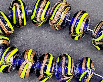 6 Vintage Translucent Cobalt Rondell Glass Beads with Lime & Gold Aventurine Design, Handmade, 12mm x 10mm, Jewelry Supply