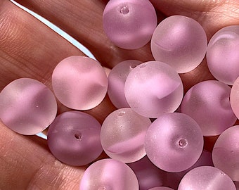 10 Vintage Glass Bead - Round Matte Moonstone Pink Glass Beads 12mm, West Germany, Frosted Givre Bead