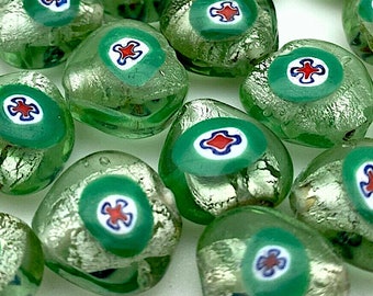 6 Vintage Japanese Sea Green Foil Glass Heart Beads with Millefiori Center (15mm x16mm) , Lampwork