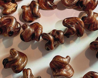 4 Vintage Curly Aventurine Gold Glass Beads, Approx. 16mm from Hole to Hole, Handmade Lampwork