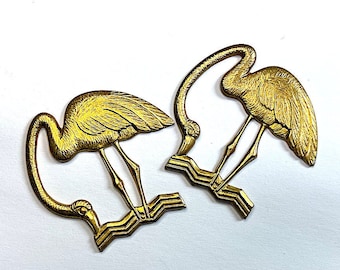 1 Vintage Brass Flamingo Stamping, Jewelry Component Finding, 38mm x 38mm Nice Light Patina