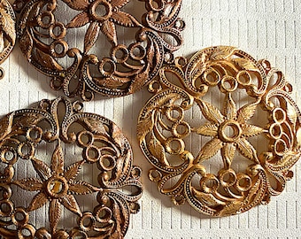 1 Vintage Raw Brass Floral Cast Findings, Miriam Haskell, 43mm, Dapped w/ Places for Rhinestones, Light or Dark