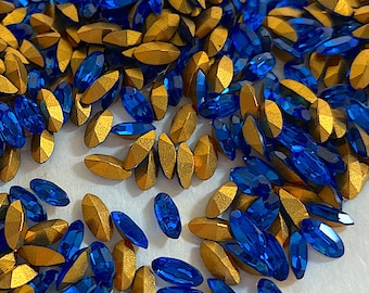 12 Vintage Capri Blue Faceted Swarovski Oval Rhinestones, 6mm x 3mm, Dome Top, Gold Foiled Point Back, Retired Color
