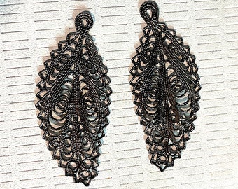 1 Pair Vintage Black Floral Filigree Leaves, Left and Right Facing , Approx. 48mm x 28.5mm, Miriam Haskell