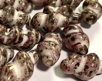 2 Vintage Handmade White Twisted Glass Beads with Pink and Metallic Bronze Frit, Mottled Lampwork, Japanese, Approx. 22mm