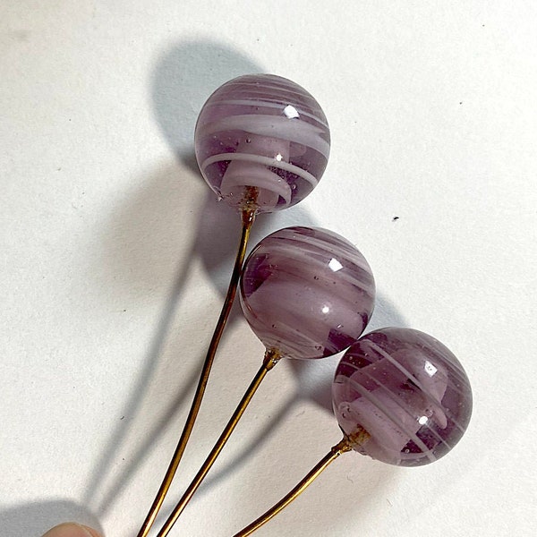 3 Handmade Vintage Amethyst Swirl Glass Beads on Wire, Lampwork Component, Headpin, C23-24