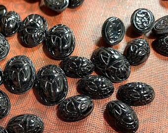 Vintage Black Glass Scarabs, Etched on Both Sides, Cherry Brand Occupied Japan - 6 pcs 17.75mm or 8 pcs 12.75mm