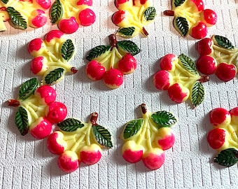 6 Vintage Cherry Clusters, Celluloid, Early Plastic Fruit Hand Painted Cabochons, Japanese , Approx 17mm tall, C8-15