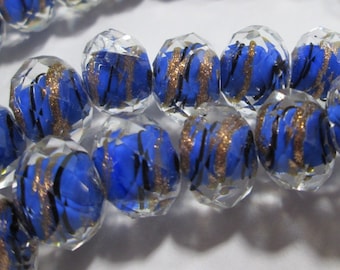 6 Stunning Facetted Gold Aventurine and Blue Rondelle Beads, 12mm