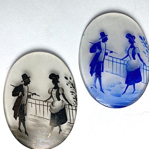 1 Vintage Lady and Gentleman Silhouette auf Eisglas Kamee, Oval Cabochon, 44mm x 33mm Blau, C17-23 oder Schwarze Silhouette, U-Pick