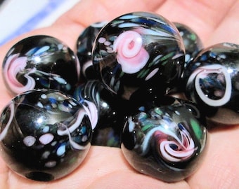 4 Vintage Handmade Large Black Beads with Pink Green and White Abstract Flowers, Japan, Big Hole, approx. 16mm x 17mm