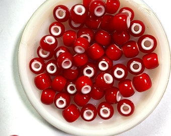 20 Glass Red and White Heart Beads – Approx. 7.75x5.5mm