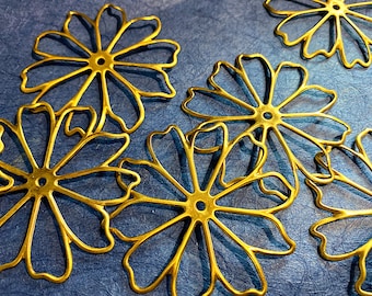 6 Vintage Raw Brass 10 Petal Large Flower Stampings with Center Whole, 56.6mm