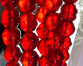 9 Vintage Transparent Ruby Red Carved Glass Knot Beads, West Germany, Average 14.5mm