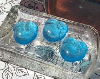 1 Bright Blue Vintage Glass Cabochons, 20mm Leaf-Swirled Dome Stones for Jewelry Making