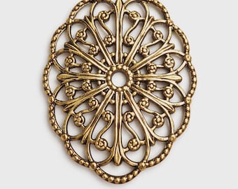 4 Vintage Miriam Haskell Brass Filigree Connectors – Oval 29 × 22.5 mm – Jewelry Findings
