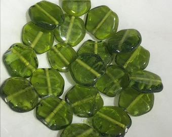 4 Olive Green Vintage Glass Coin Beads, 15mm, Flat Round Pressed Beads for Jewelry Making