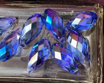 1 Vintage Faceted Sapphire Blue Glass Teardrop Beads, 20mm