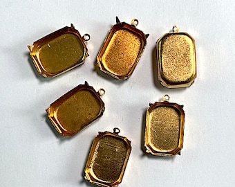 6 Vintage Brass Rectangular Prong Settings with Top Loop – 18 × 13 mm x 5 mm Deep – Collector-Grade Hardware