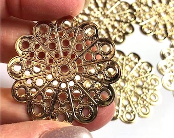 1 Heavy Gauge Gold Plated Stampings, Round Floral Petals Filigree, 38 mm