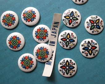 6 Vintage Japanese 13mm Floral Glass Cabochons, Mandala or Star Flower Decal, U Pick