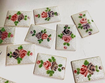 Vintage Guilloche Enamel Floral Cabochons, Hand Painted Roses, Shabby Chic Rectangle (23.5mm)
