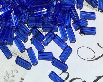 50 Cobalt Blue Glass Tube Beads, 10x4mm Vintage Czech Bugle Beads